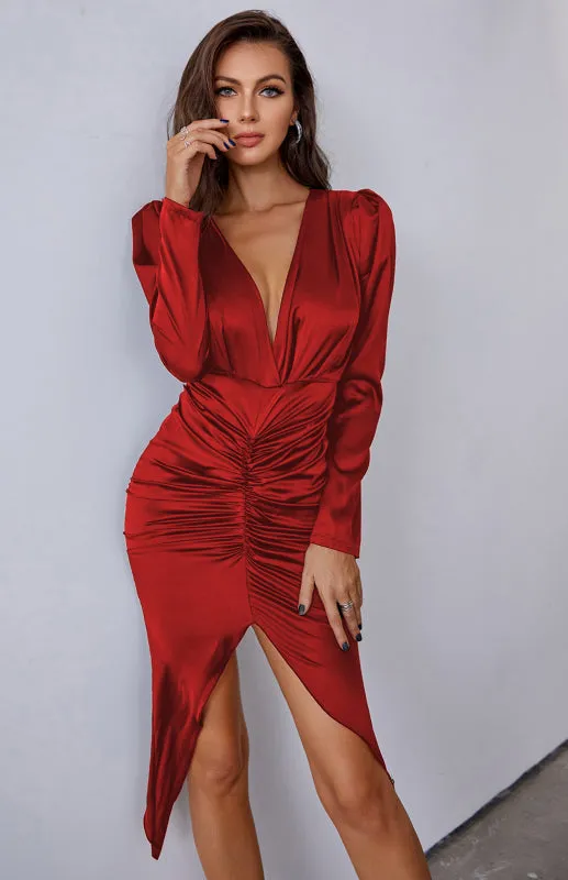 Women's Sexy Deep V-Neck Satin Long Sleeve Split Dress