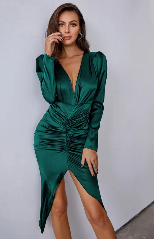 Women's Sexy Deep V-Neck Satin Long Sleeve Split Dress