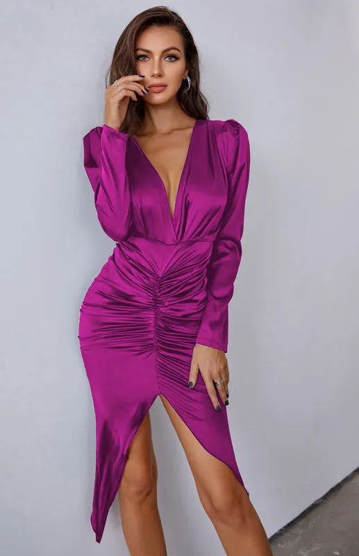 Women's Sexy Deep V-Neck Satin Long Sleeve Split Dress