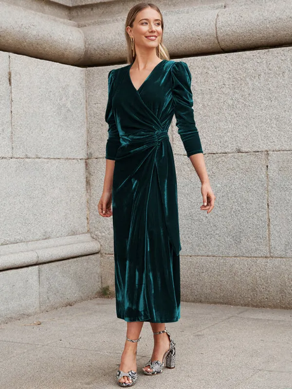 Women's Velvet Elegant Long Length Wrap Dress